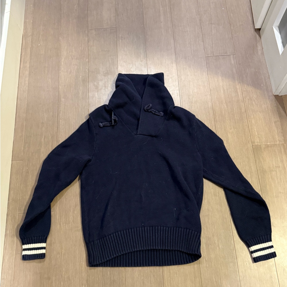 Rugby by Ralph Lauren, blue knit shall sweater with toggle detail, size medium
